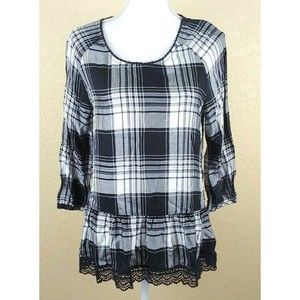 Massini Womens Top Size Small Black White Plaid Checked Peplum 3/4 Sleeves Rayon